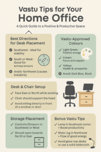 Infographic showing Vastu Shastra tips for home office layout, directions, desk placement, and color choices