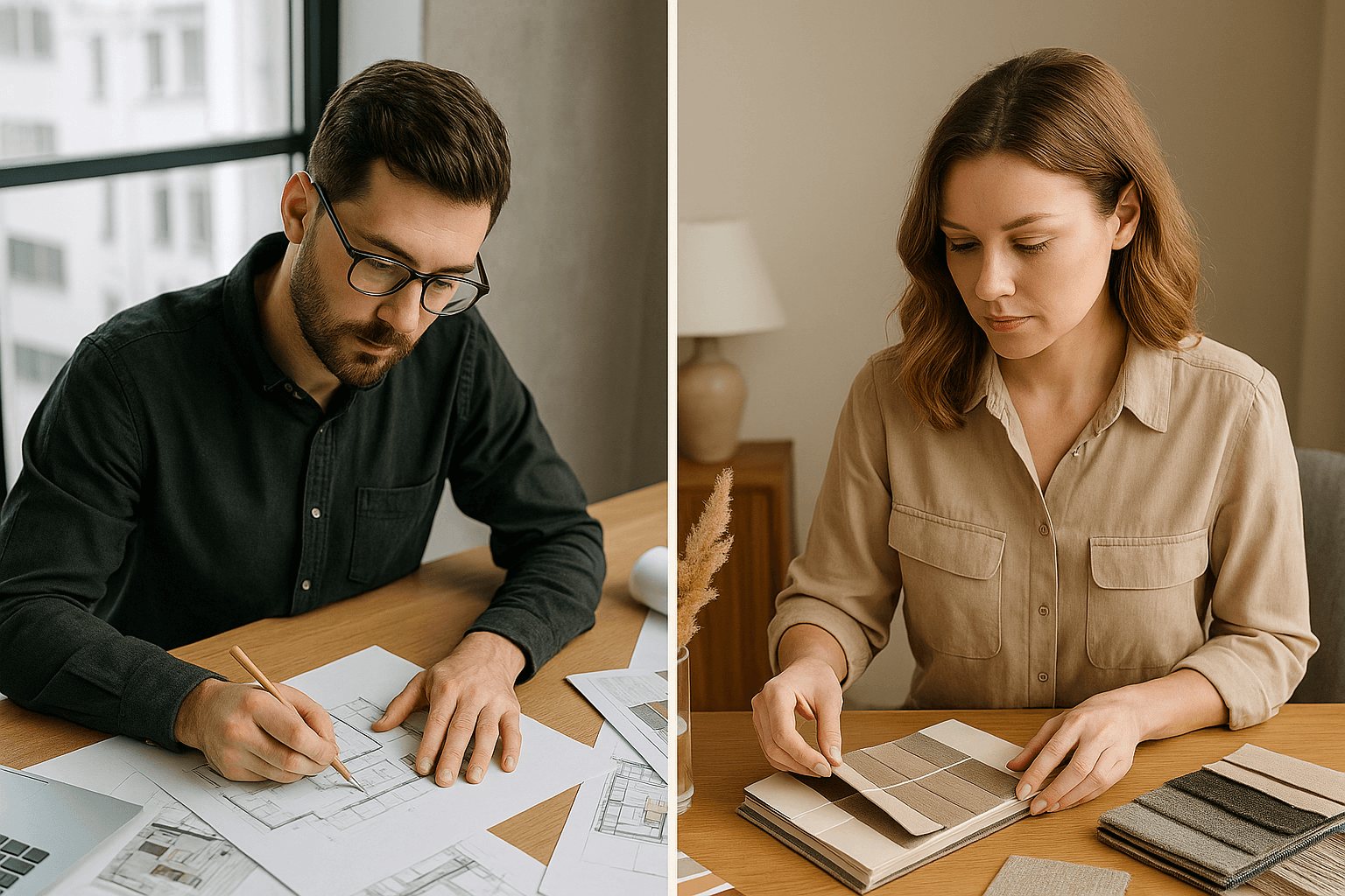 Interior decorator and interior designer working side-by-side in different workspaces, highlighting the difference in their roles