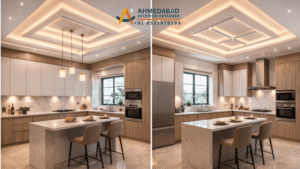 Modern kitchen with geometric ceiling design